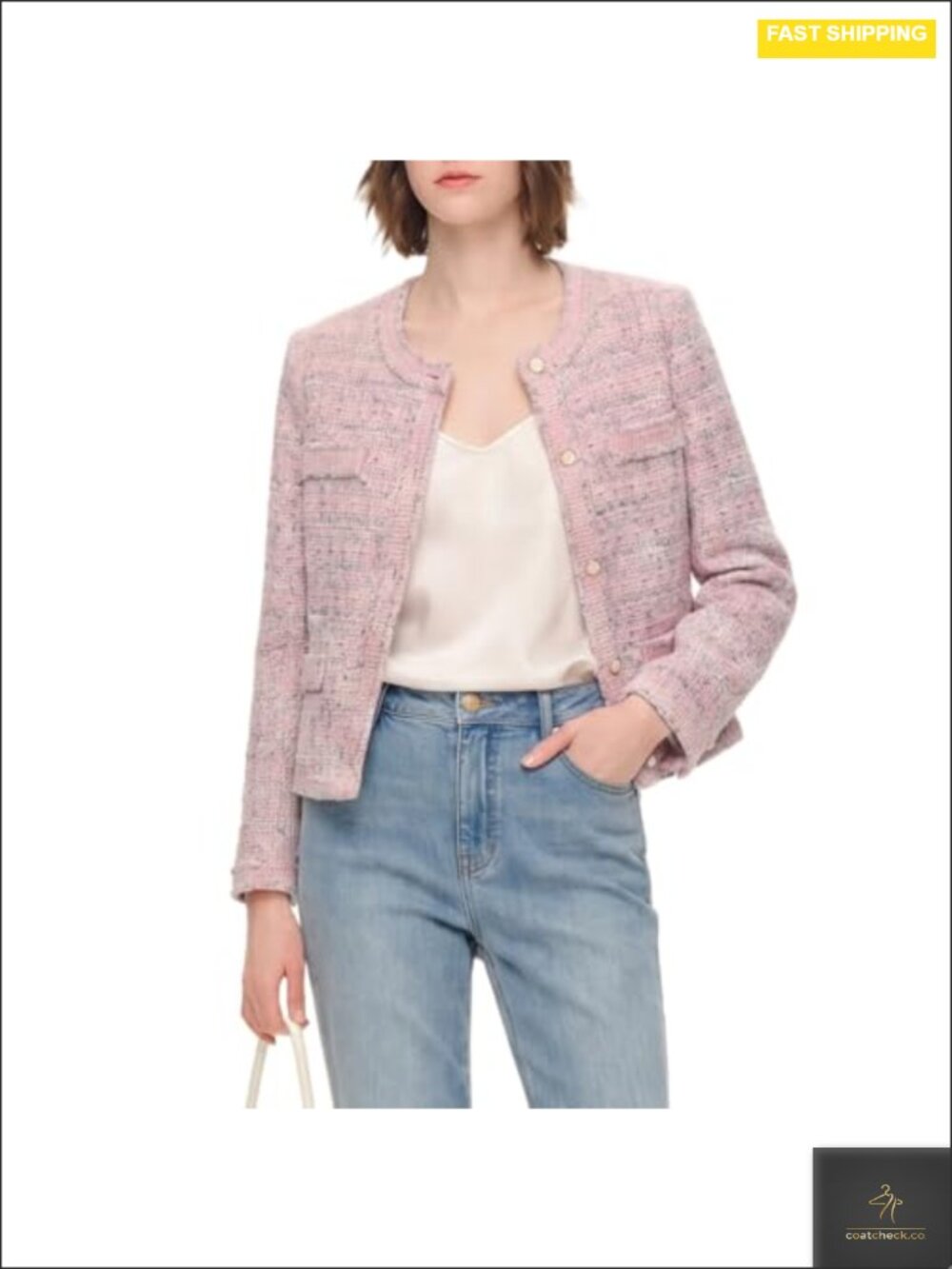 Women's Tweed Jacquard Blazer Cropped Knit Long Sleeve Button Front Work Office